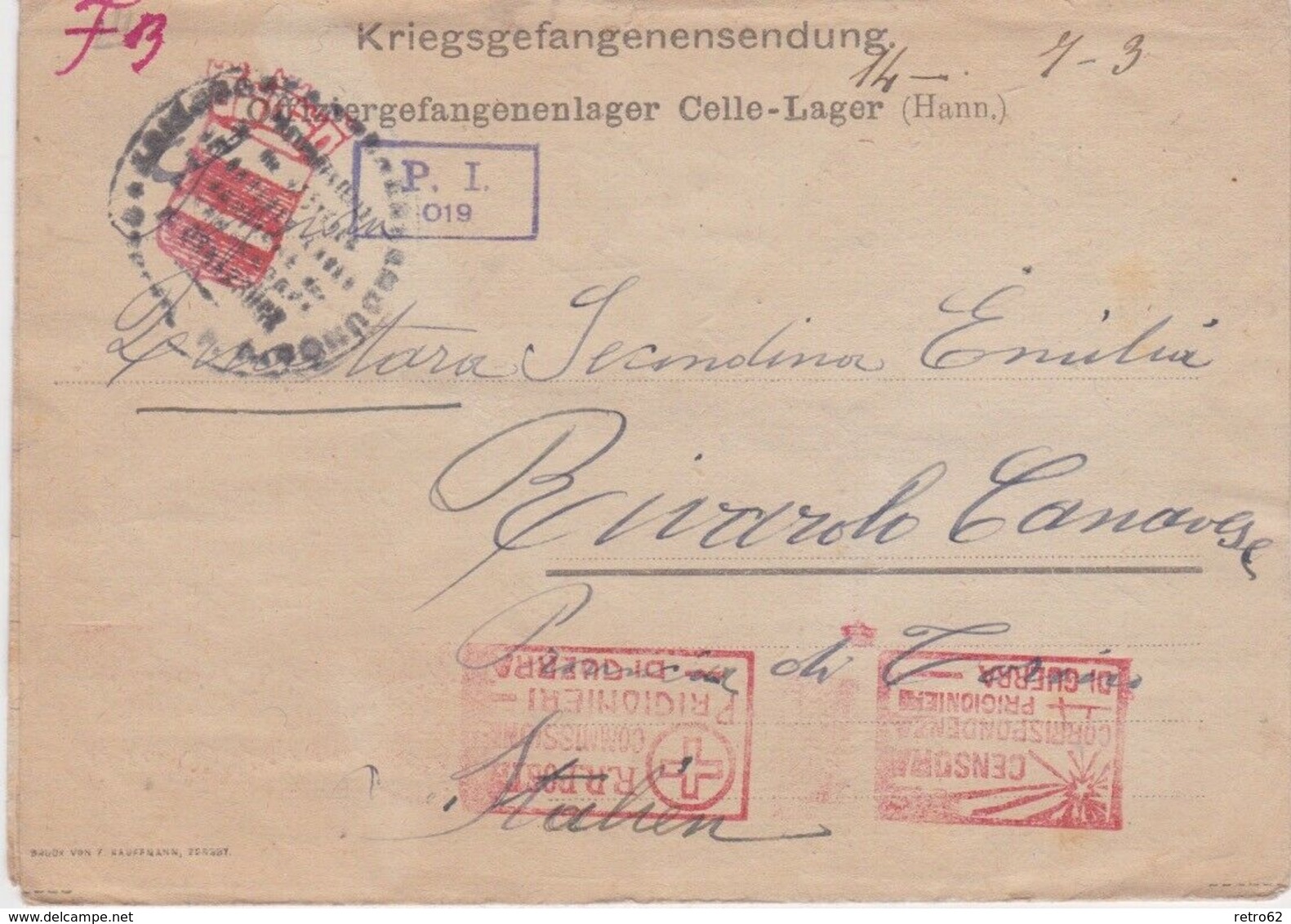 Germany-1918 WW 1 Censored Italian Officer POW Oflag Celle Camp Cover To Italy - Lettres & Documents