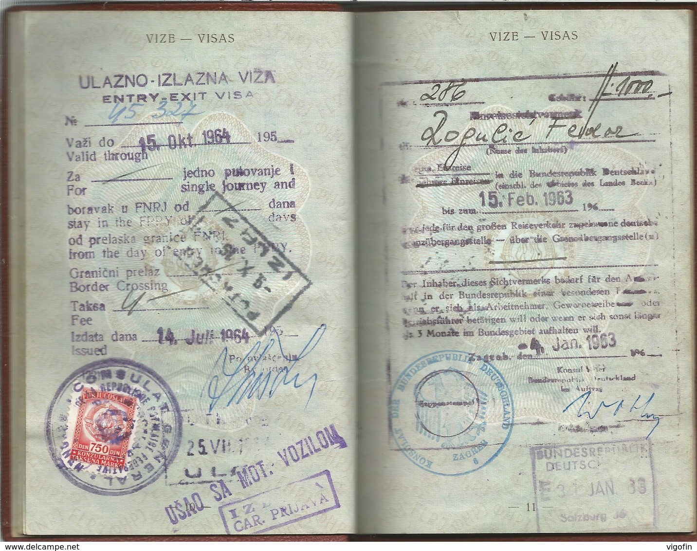 1964 PASSPORT ,PASSEPORT, JUGOSLAVIA FNRJ,VISA AUSTRIA GERMANY