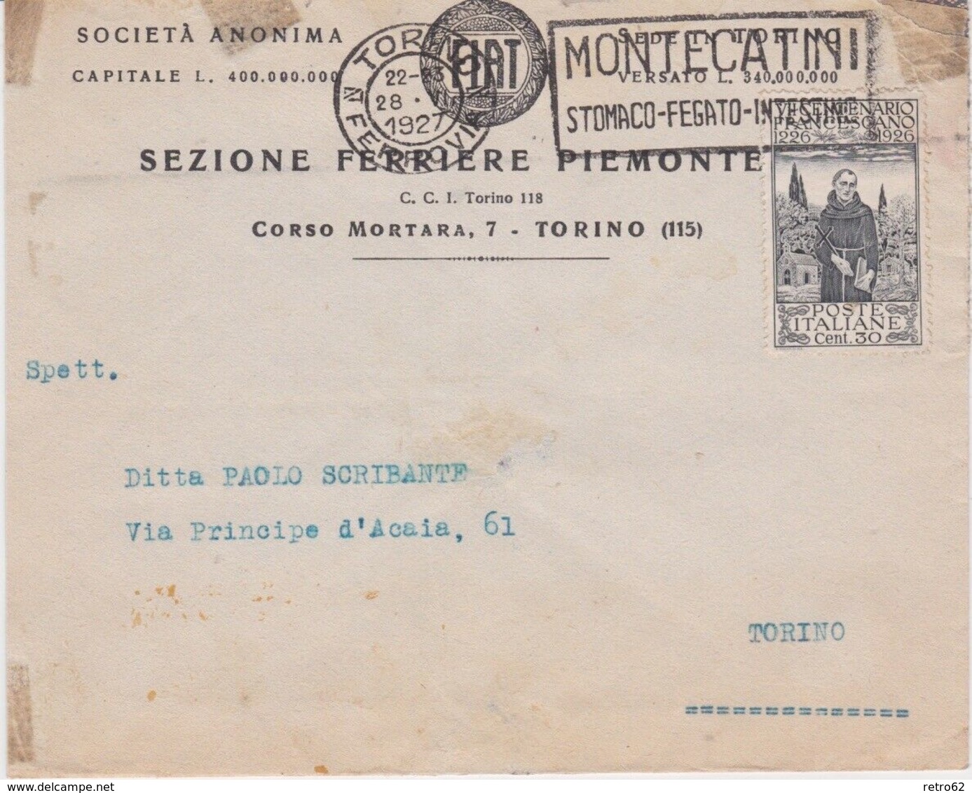 Italy-1927 30 Cents Grey On Fiat Motor Company Of Turin Local Letter Company - Marcophilie