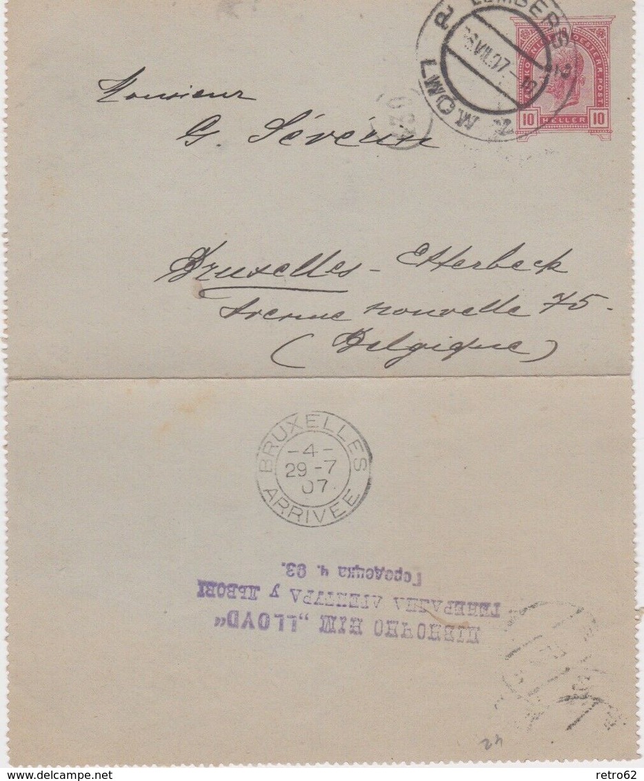 Austria-1907 10 H Red PS Letter Card Lemburg (Lwow, Lviv) Cover To Belgium - Briefe U. Dokumente