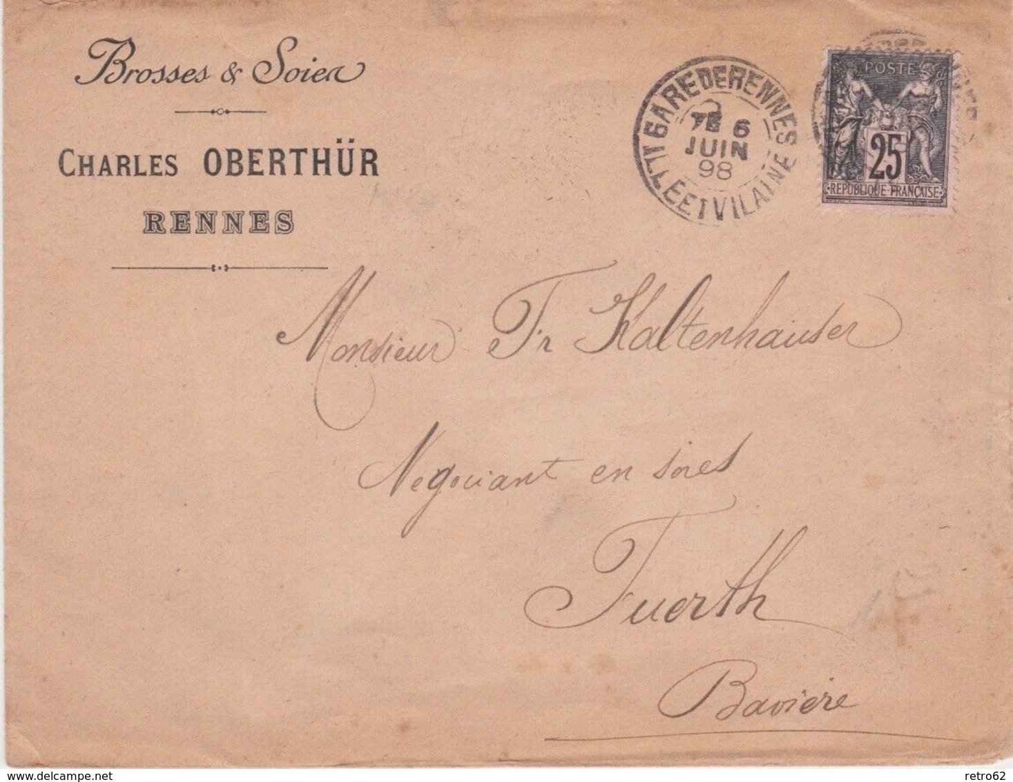 France-1898 25c On Charles Oberthur Brush Manufacturer, Rennes Cover To Germany - 1876-1898 Sage (Type II)