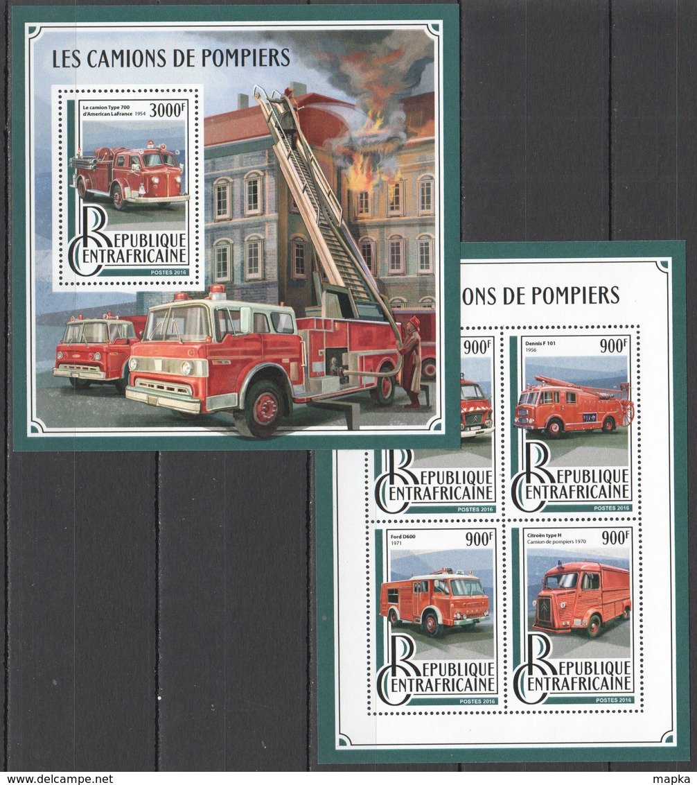 TT741 2016 CENTRAL AFRICA TRANSPORT FIRE TRUCK LES CAMIONS DE POMPIERS KB+BL MNH - Camions