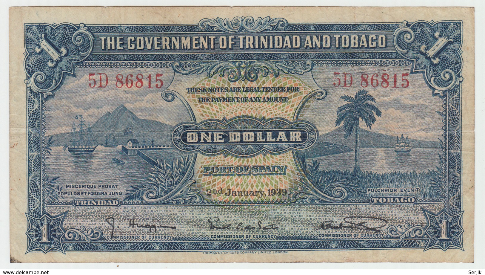 TRINIDAD & TOBAGO 1 Dollar 1939 VF Banknote Pick 5b 5 B - Trinidad & Tobago