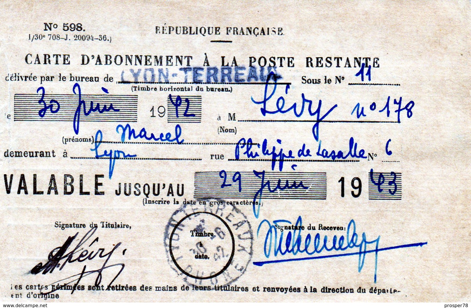 FRANCE.1943.RARE "CARTE ABONNEMENT A LA POSTE RESTANTE" - Autres & Non Classés