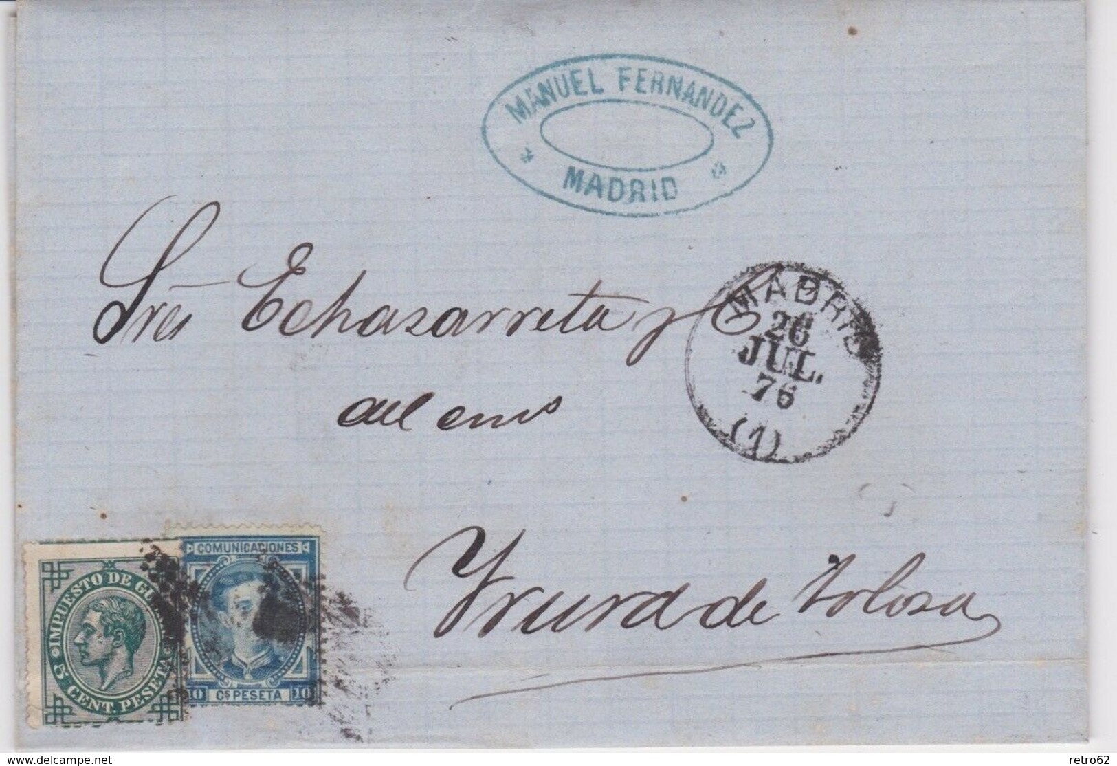 Spain-1876 Postage Paid 15 Cents On Madrid Entire Letter Cover To Tolosa - Lettres & Documents