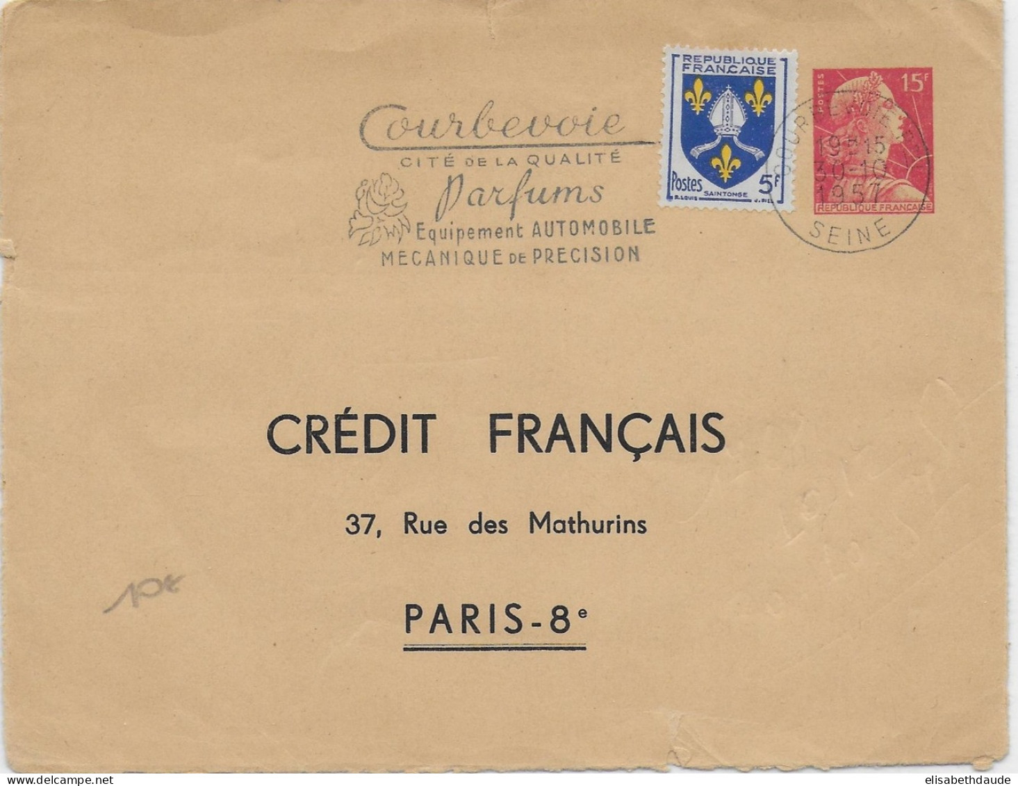 1957 - MULLER - ENVELOPPE ENTIER PRIVEE TSC - CREDIT FRANCAIS De COURBEVOIE => PARIS - Enveloppes Types Et TSC (avant 1995)