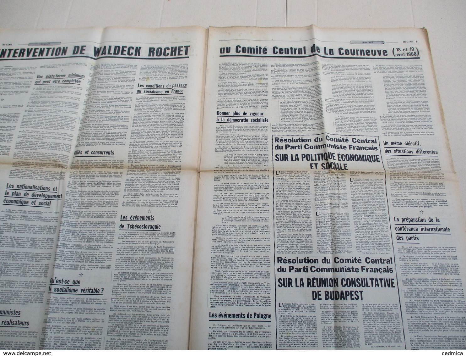 L'HUMANITE ORGANE CENTRAL DU PARTI COMMUNISTE FRANCAIS DU VENDREDI 19 AVRIL 1968 - 1950 à Nos Jours