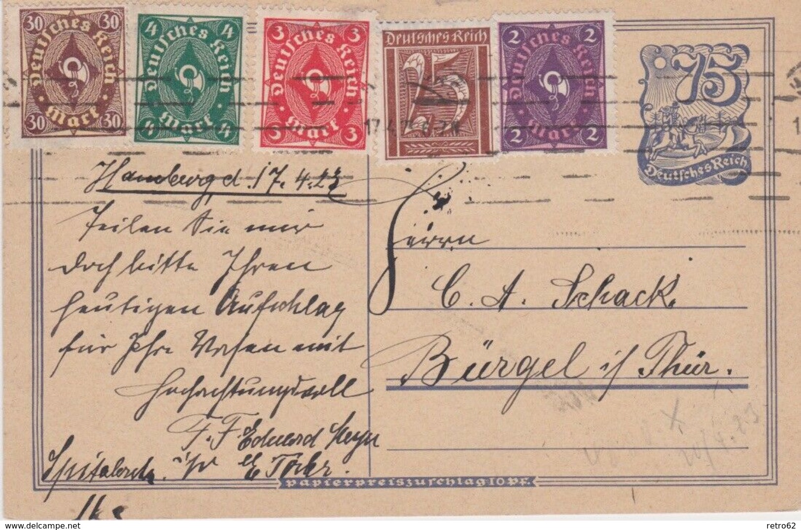 Germany-1923 (April 17th) Inflation Period Uprated 75 Pf PS Hamburg Cover - Autres & Non Classés