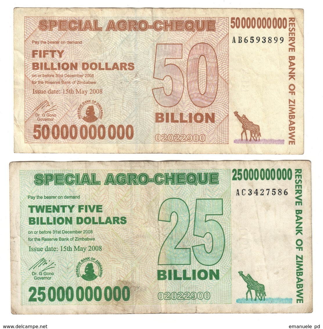 Zimbabwe Lot Set 25 & 50 Billions - Sample Image Of Circulated Banknotes - Zimbabwe