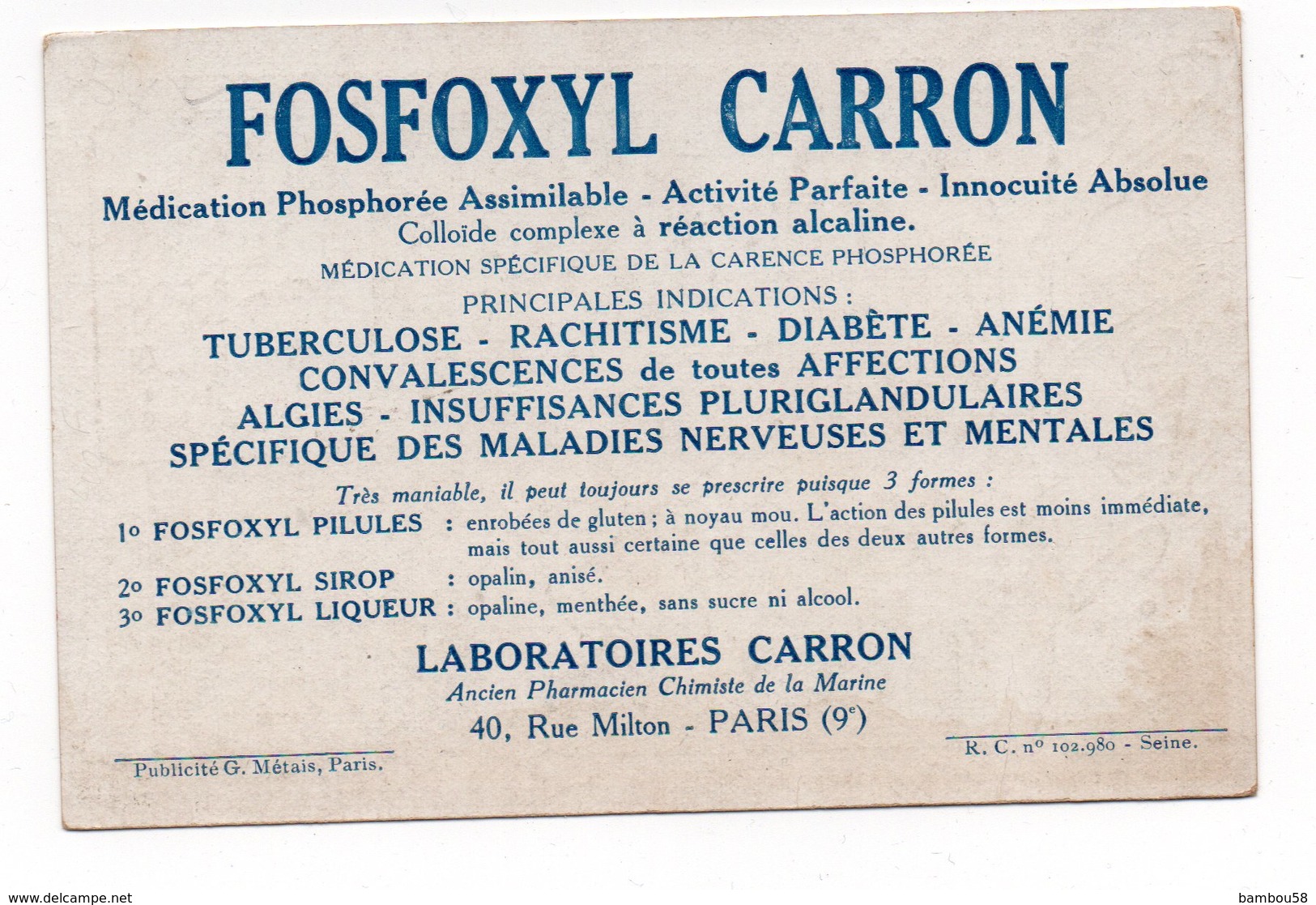 FOSFOXYL * LABORATOIRES CARRON, Rue Milton, Paris 9ème * Phosphore Colloïdal * Sirop * Liqueur * Pilules - Pubblicitari