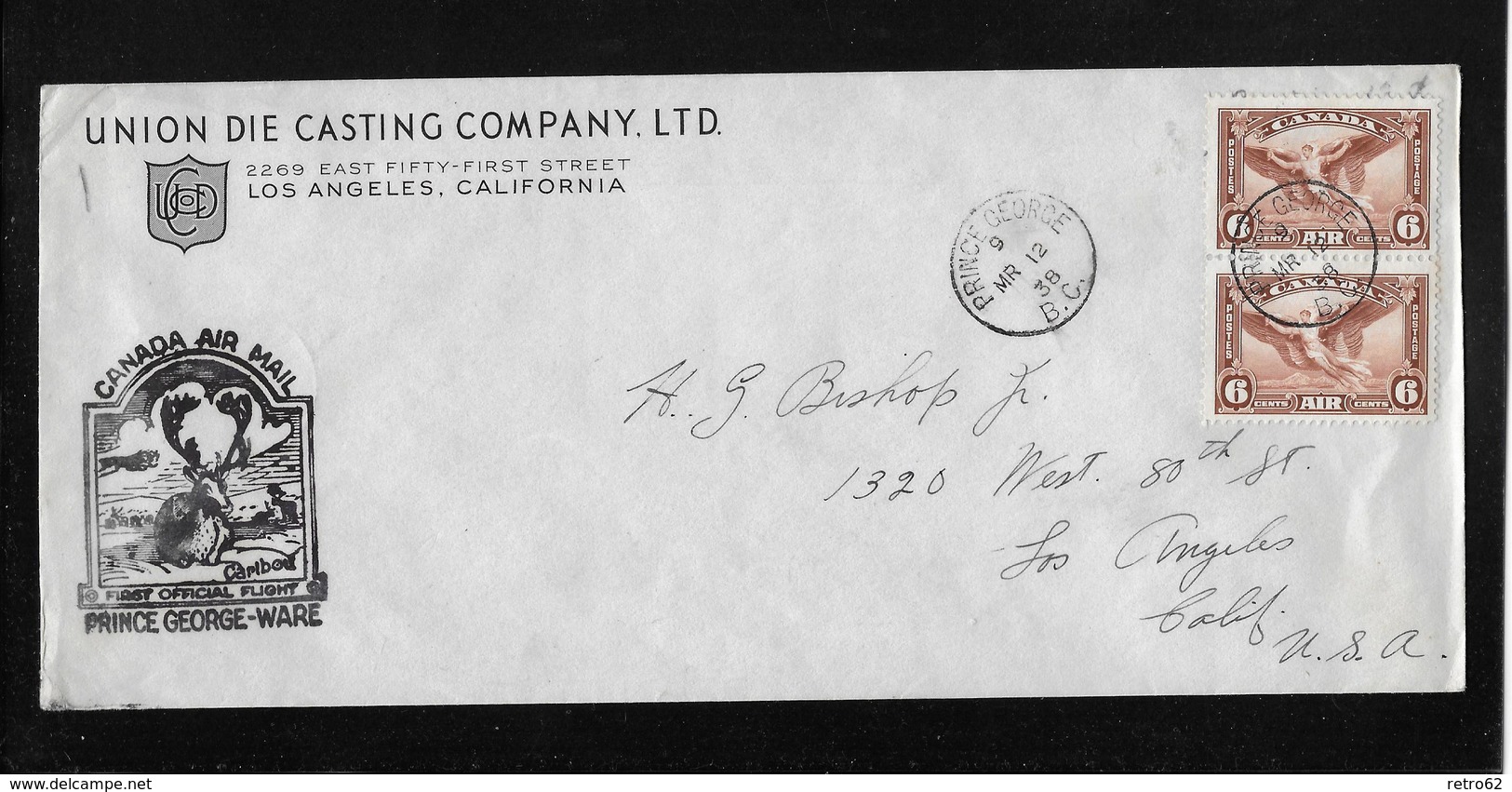 Canada-1938 First Airmail Flight Cover Prince George To Ware, British Colombia - Poste Aérienne