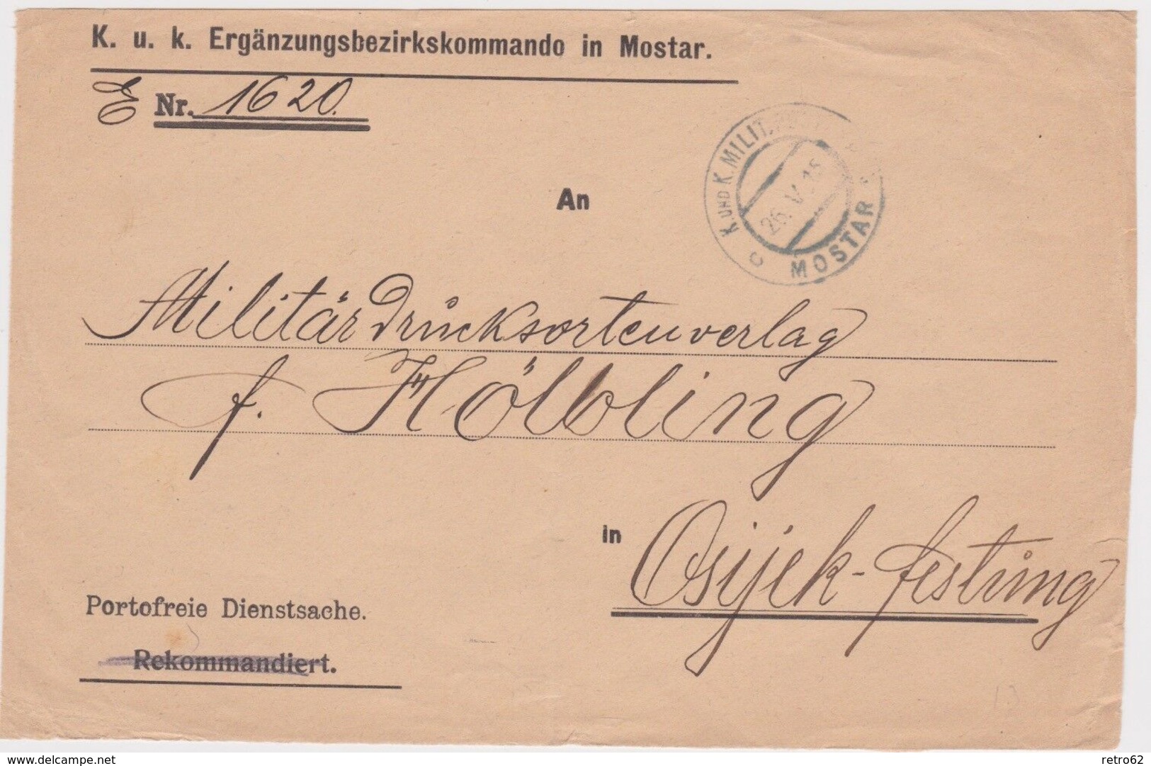 Bosnia-1915 WW 1 Austria Period K Und K Military Post Mostar Cover To Hungary - Lettres & Documents
