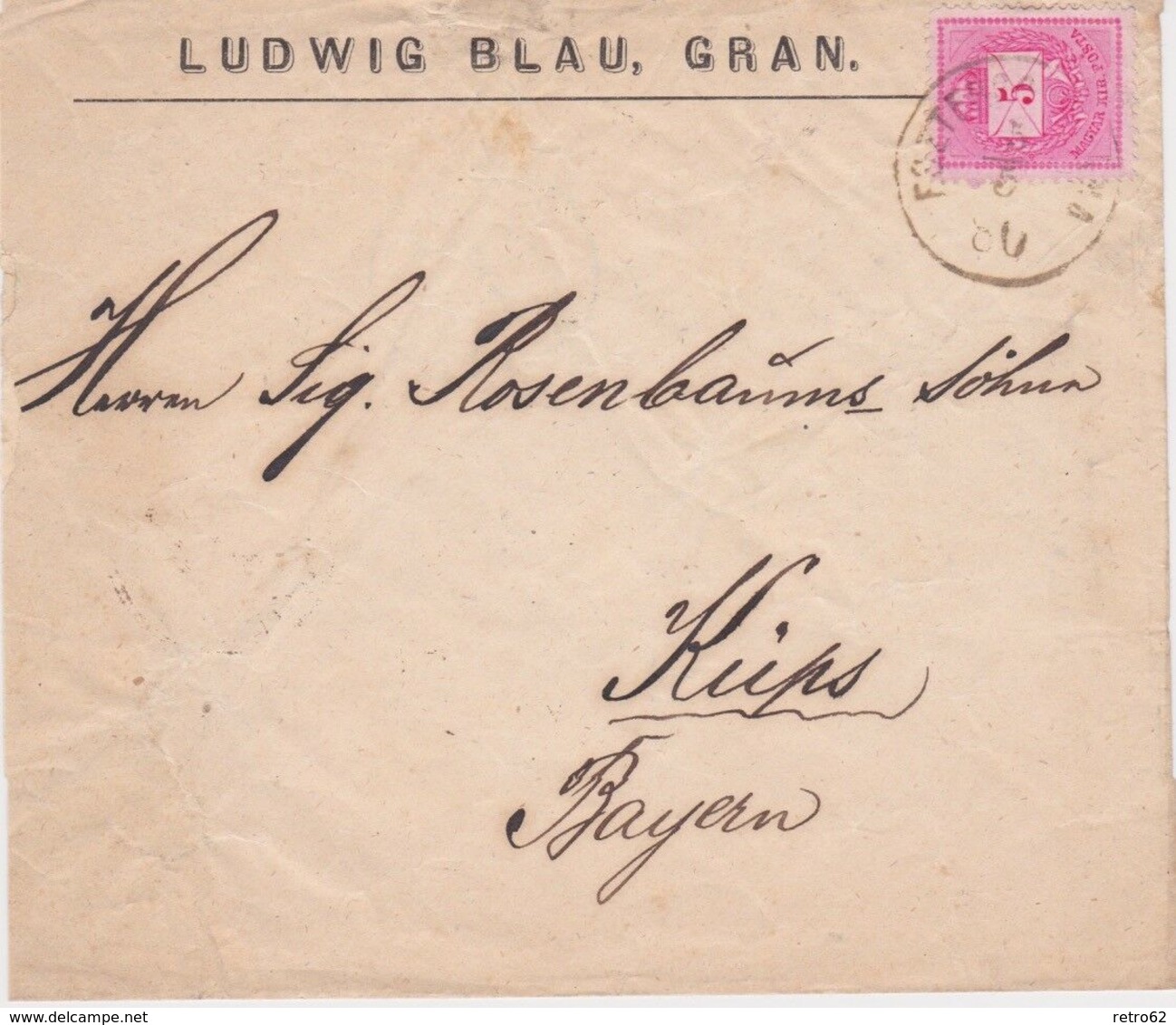 Hungary-1880 5 F Rose On Ludwig Blau Jewish Co. Esztergom Cover To Kups, Bavaria - Lettres & Documents