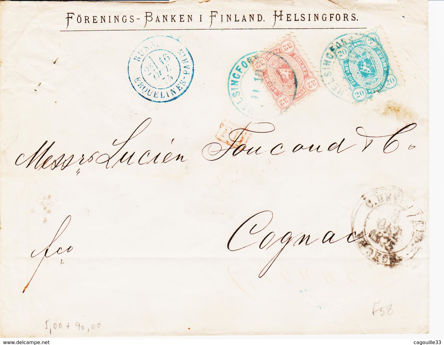 Finlande, D'helsinki En 1875,n°16a Et 20 Dentelé 11  Pour Cognac    TB Et RR Sur Lettre - Lettres & Documents