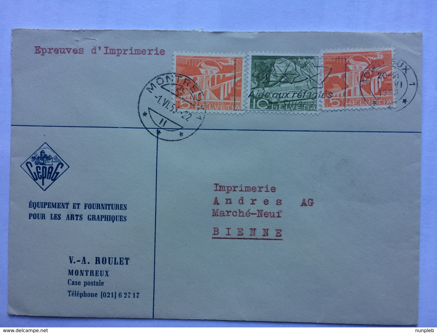 SWITZERLAND 1953 Cover Montreux To Bienne - Gepag Illustration - Covers & Documents