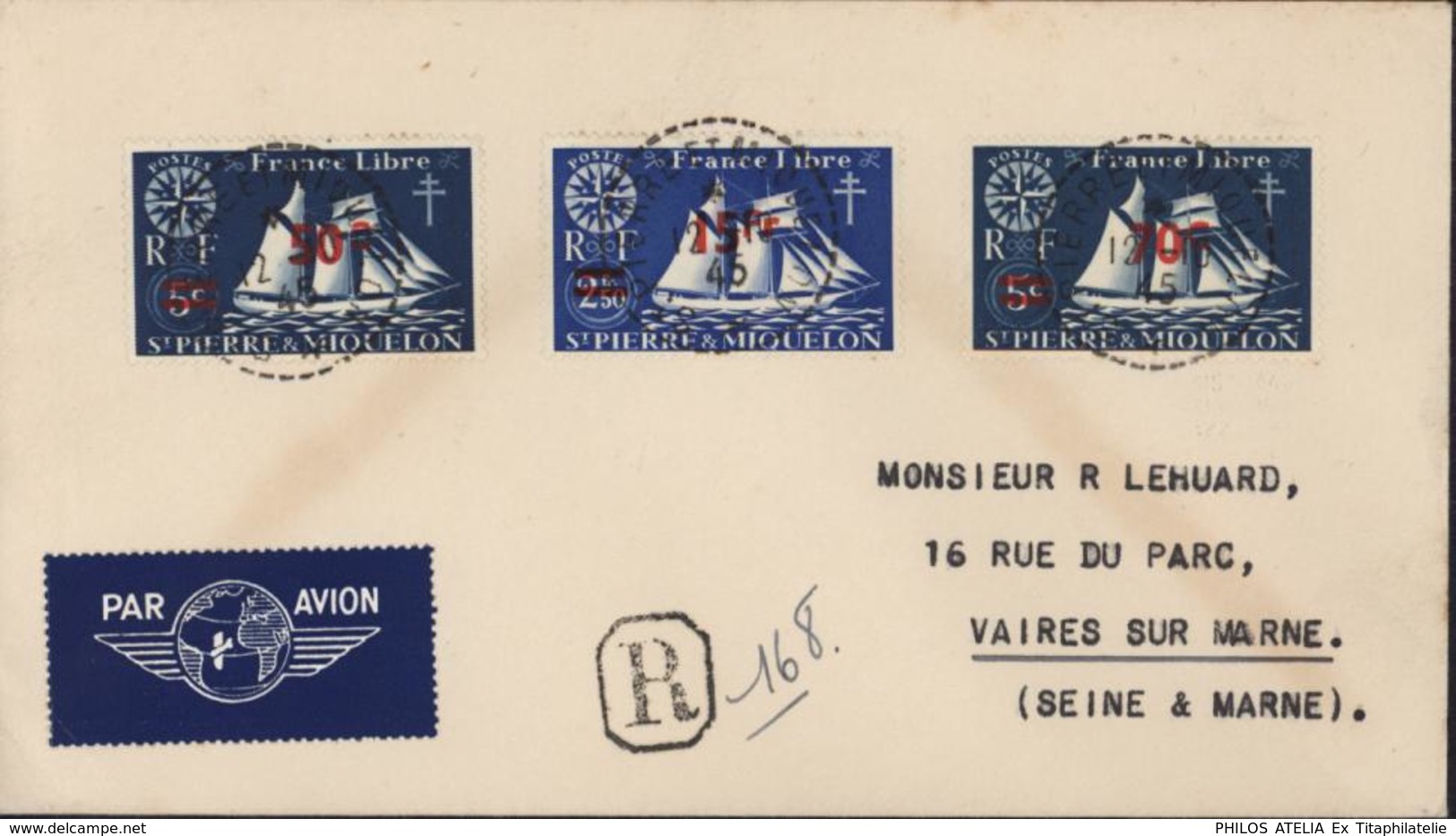 YT 315 316 322 St Pierre Et Miquelon France Libre CAD Perlé St Pierre Et Miquelon 12 10 45 Recommandé Provisoire Avion - Lettres & Documents