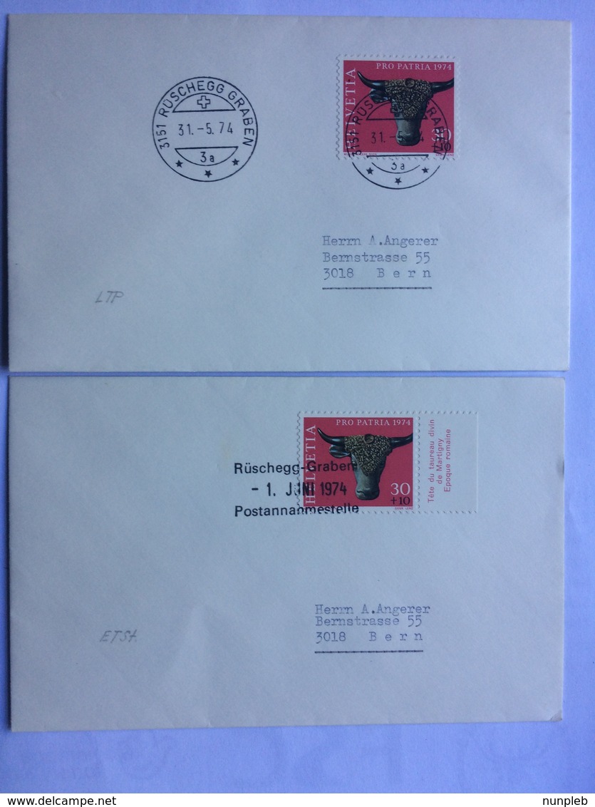 SWITZERLAND 1974 Covers X 2 Ruschegg Graben To Bern - Tied With Pro Patria Stamps - Covers & Documents