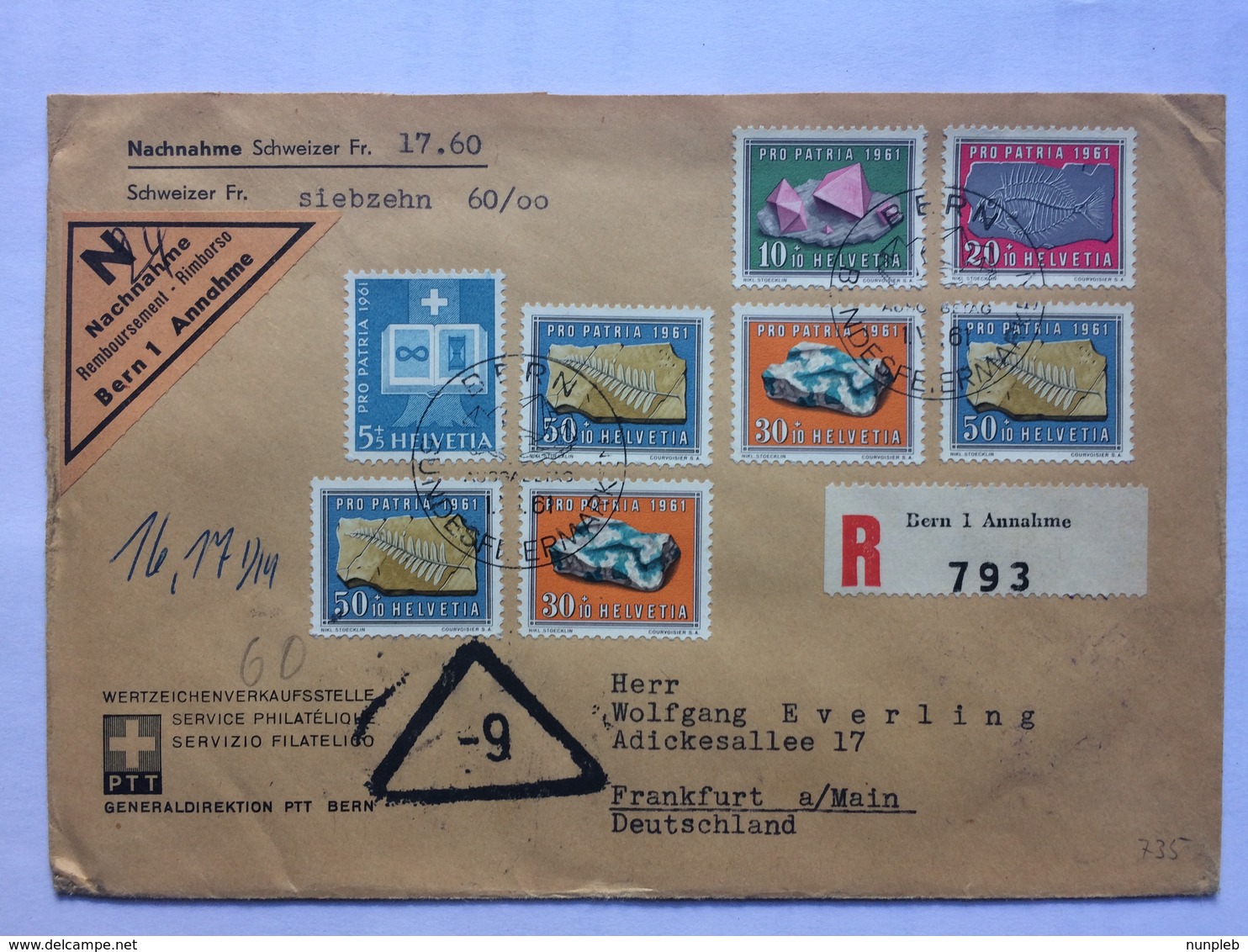 SWITZERLAND 1961 Registered Bern Cover To Frankfurt With Nachnahme Sticket Tied With Pro Patria Set - Covers & Documents