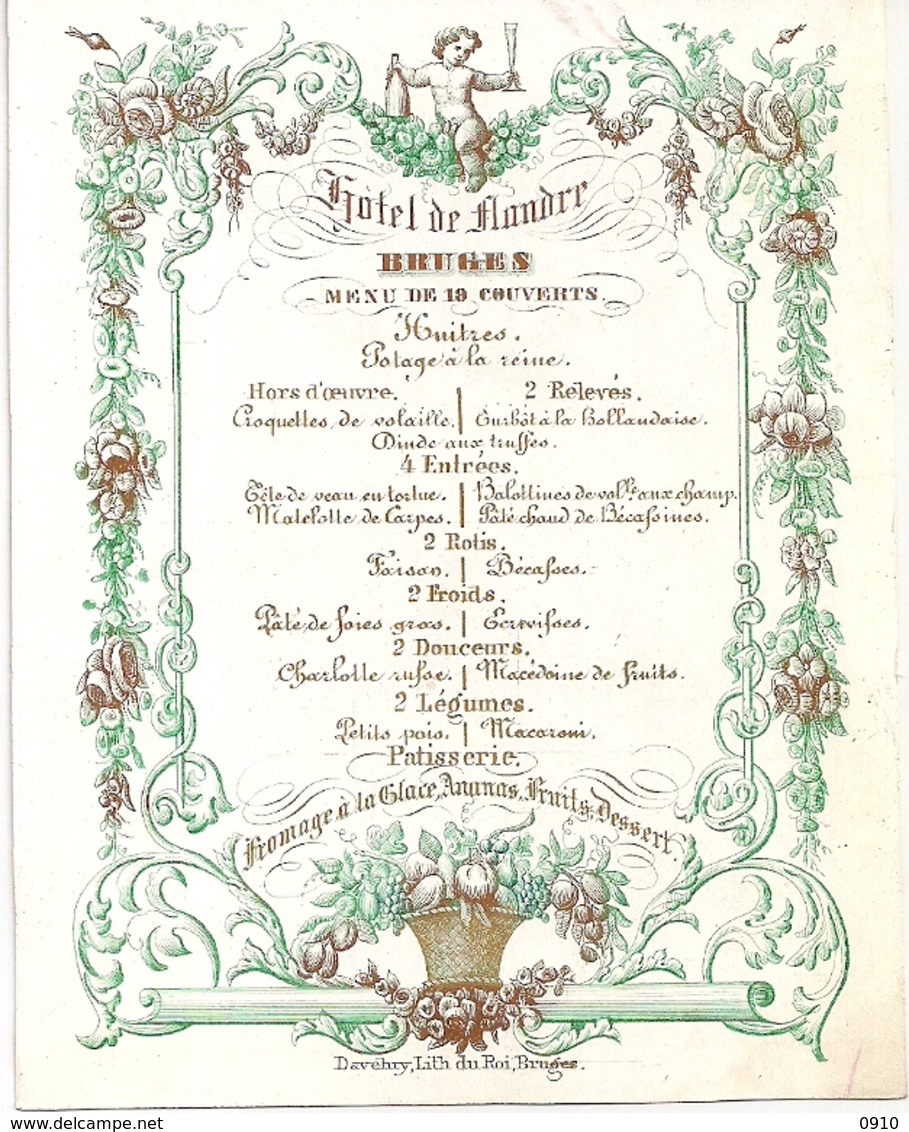 BRUGES-BRUGGE "HOTEL DE FLANDRE-MENU"LITH.DAVELUY-110/142MM - Cartoline Porcellana