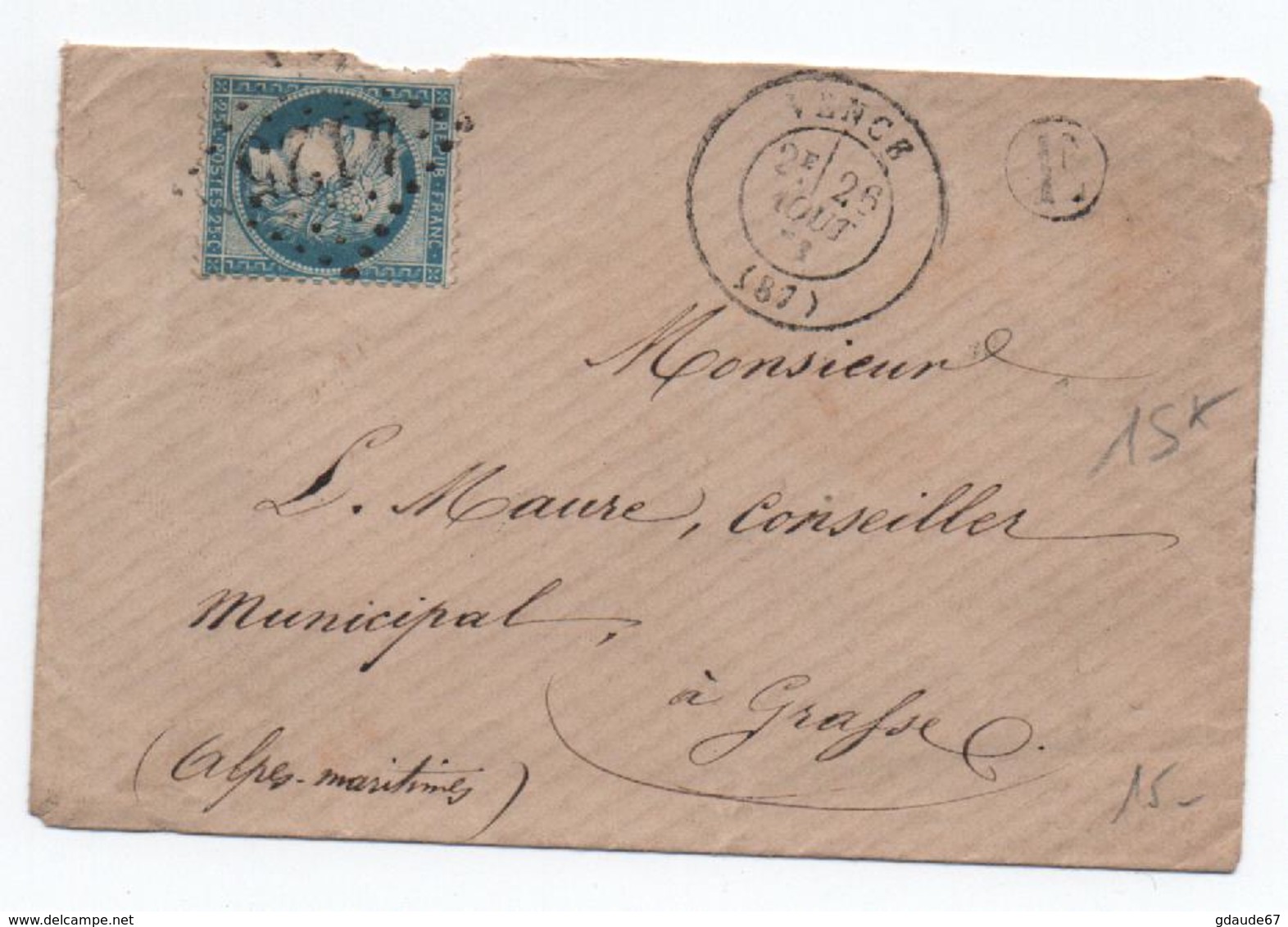 1873 - ENVELOPPE Avec BOITE RURALE E (NON IDENTIFIEE) & GC 4125 De VENCE (ALPES MARITIMES) - 1849-1876: Classic Period