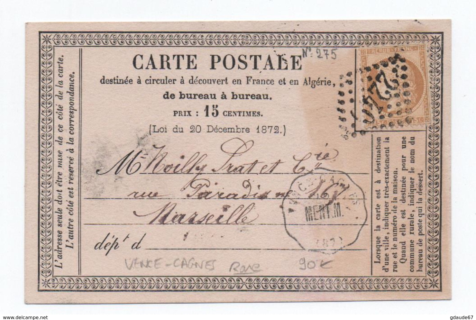 1875 - CARTE PRECURSEUR Avec RARE CONVOYEUR LIGNE "VENCE CAGNES" & GC 2240 De MARSEILLE - 1849-1876: Classic Period