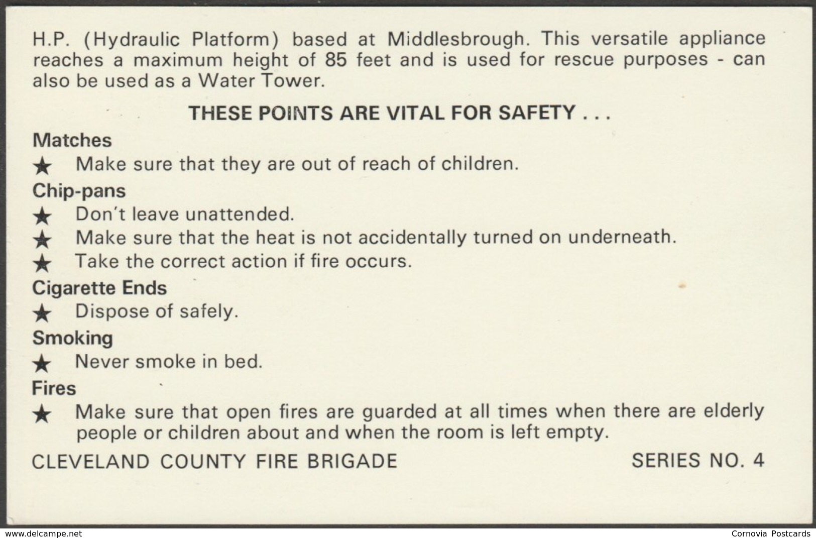 Hydraulic Platform Based At Middlesbrough - Cleveland County Fire Brigade Advice Postcard - Trucks, Vans &  Lorries