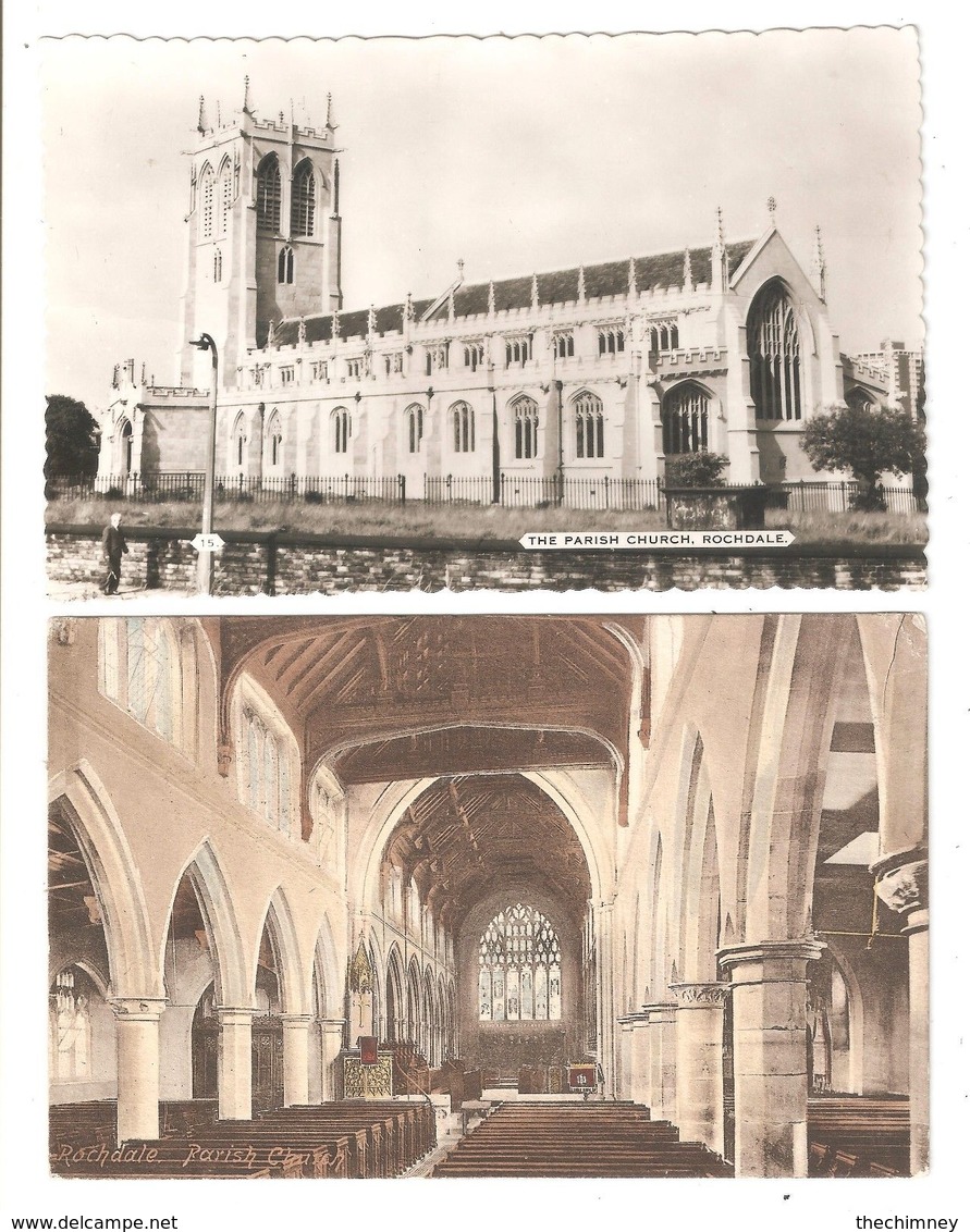 TWO CARDS OF ROCHDALE CHURCH INTERIOR & EXTERIOR BOTH USED WIT STAMPS - Autres & Non Classés