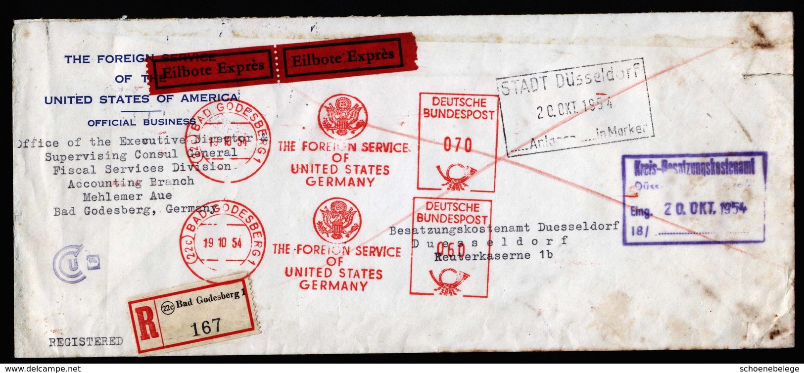 A6167) Bund R-Express-Brief Foreign Service US 19.10.54 N. Düsseldorf - Covers & Documents