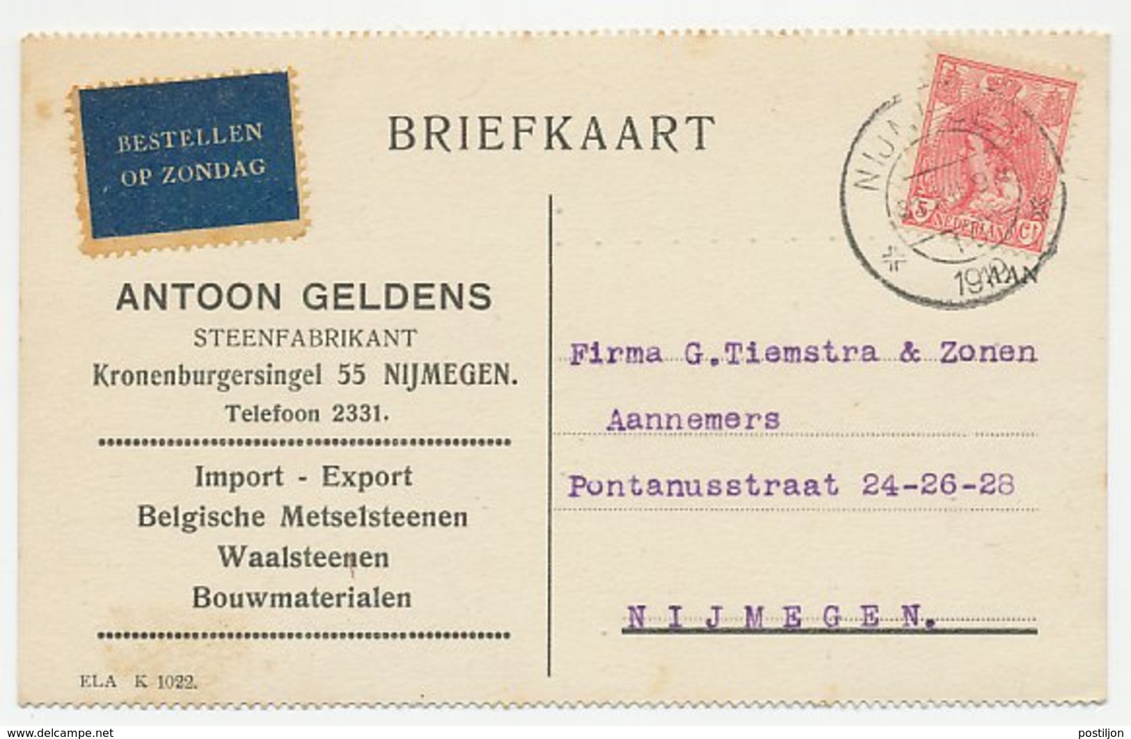 Firma Briefkaart Nijmegen 1919 - Steenfabrikant - Zonder Classificatie