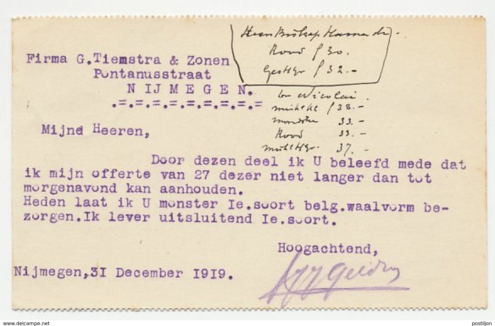 Firma Briefkaart Nijmegen 1919 - Steenfabrikant - Zonder Classificatie