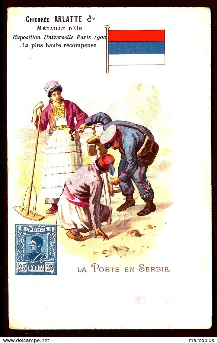 CP 6- CPA- PUB CHICORÉE- POSTES ET FACTEURS DU MONDE- ILLUSTRATION LA POSTE EN SERBIE EN 1900- DRAPEAU- 2 SCANS - Poste & Facteurs