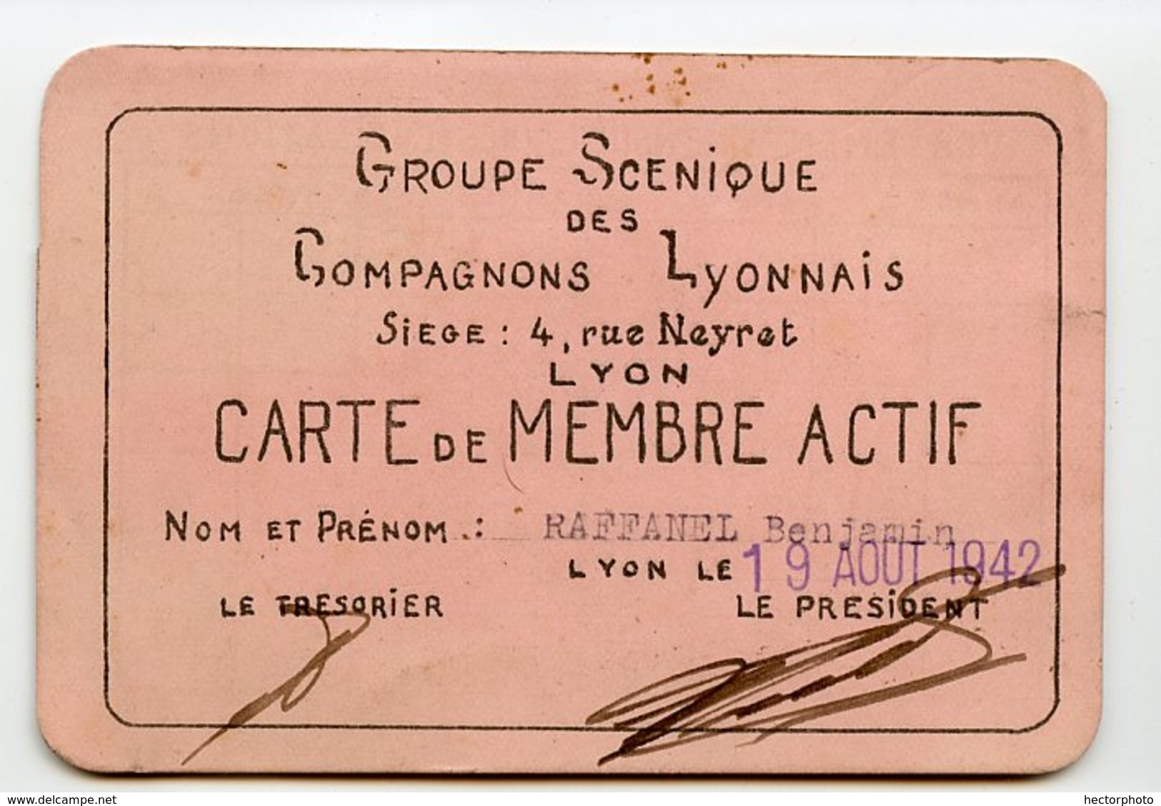 Carte D'identité Membre Actif 1942 40s RAFFANEL Groupe Scenique Compagnon LYON Association - Documentos Históricos