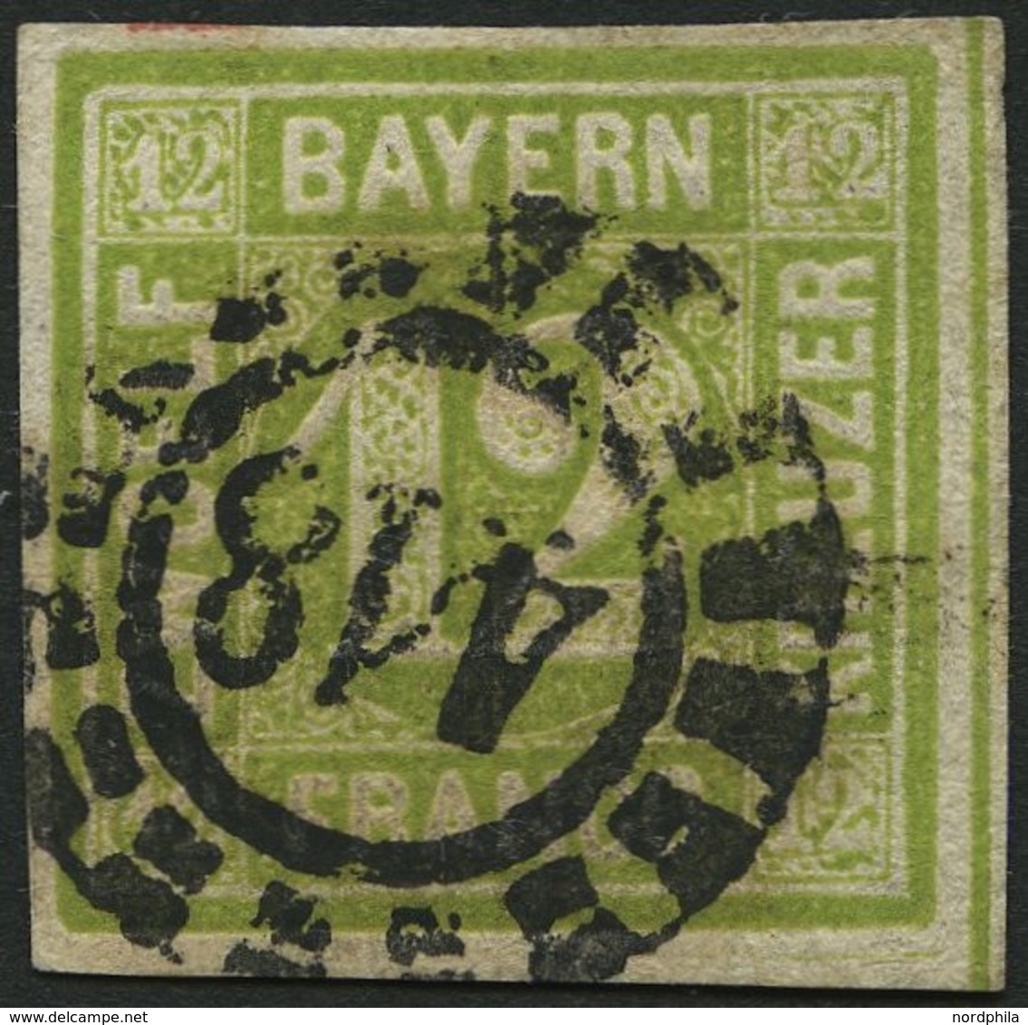 BAYERN 12 O, 1862, 12 Kr. Dunkelgelbgrün, Offener Mühlrad-Stempel 418, Breitrandig Pracht, Mi. 100.- - Sonstige & Ohne Zuordnung