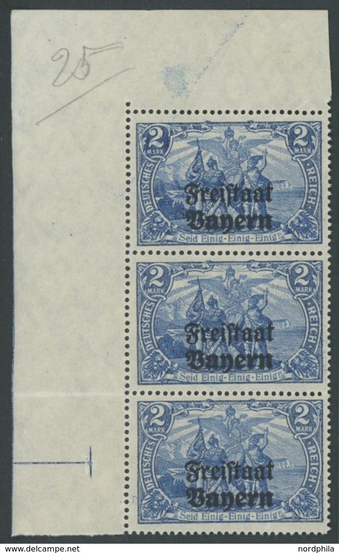 BAYERN 149B PF I **, 1919, 2 M. Freistaat Im Senkrechten Dreierstreifen Aus Der Bogenecke, Mittlere Marke Mit Plattenfeh - Sonstige & Ohne Zuordnung