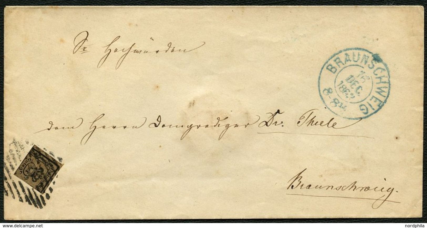 BRAUNSCHWEIG 9a BRIEF, 1863, 1/4 Ggr. Schwarz Auf Graubraun Auf Ortsbrief BRAUNSCHWEIG (Bestellgeld), Pracht, Mi. 180.- - Braunschweig