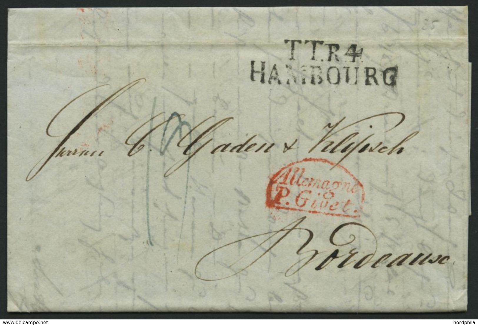 HAMBURG - THURN UND TAXISCHES O.P.A. 1835, TT.R.4 HAMBOURG, L2 Auf Brief Nach Bordeaux, Transitstempel ALLEMAGNE P. GIVE - Autres & Non Classés