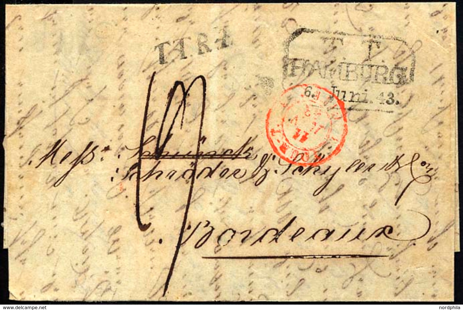 HAMBURG - THURN UND TAXISCHES O.P.A. 1843, T.T. HAMBURG, R3 Auf Forwarded-Letter Von Riga Nach Bordeaux, L1 T.T.R.4 Und  - Other & Unclassified