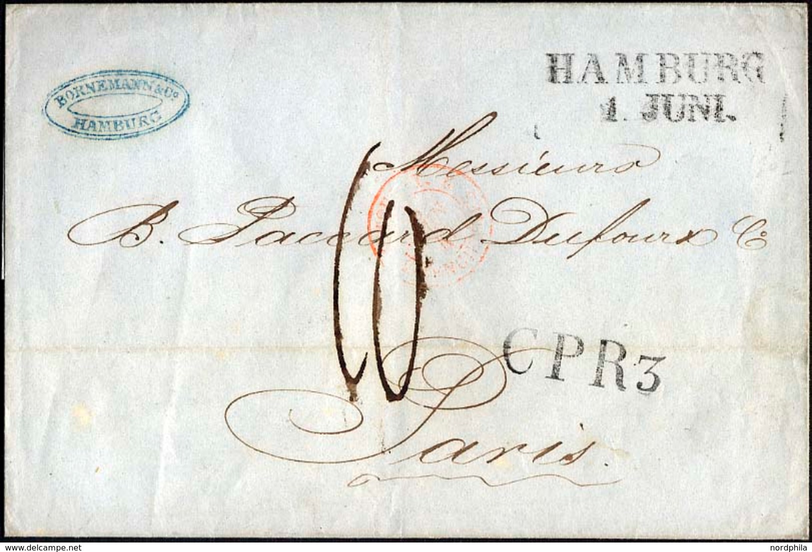 HAMBURG-VORPHILA 1846, HAMBURG, L2 Und L1 CPR 3 Auf Brief Nach Paris, Roter Tour-T-Stempel, Rückseitiger Durchgangsstemp - Vorphilatelie