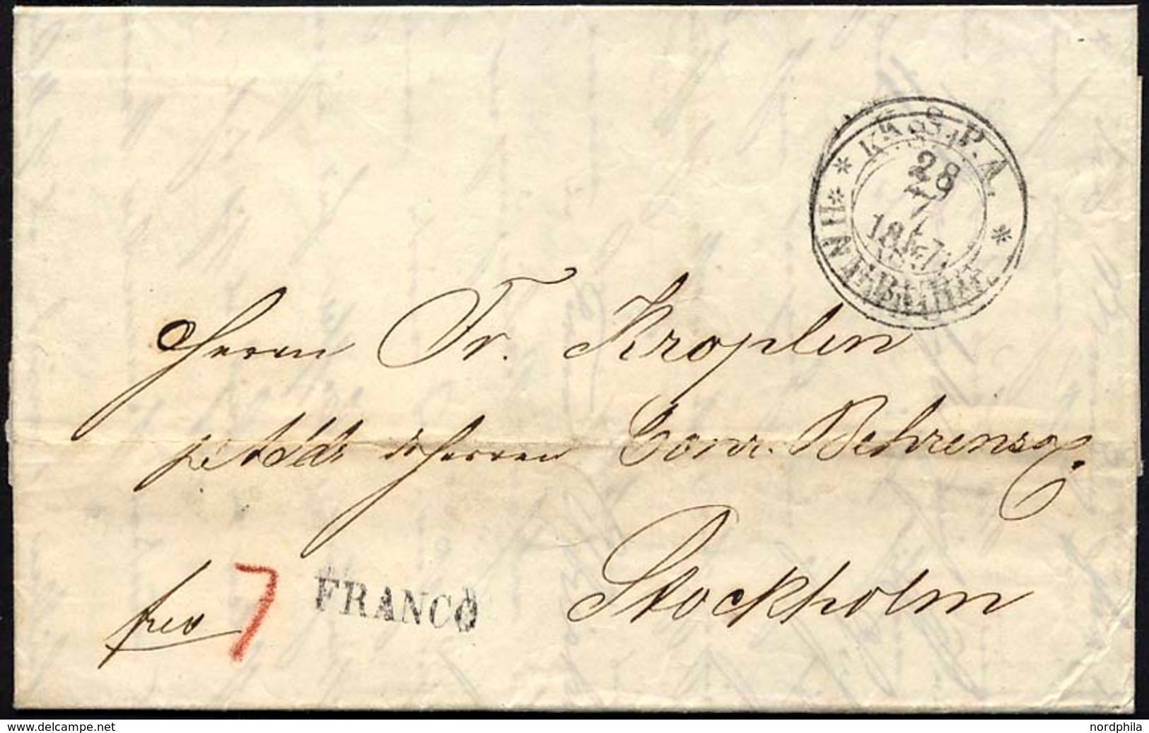 HAMBURG-VORPHILA 1857, K.S.P.A. HAMBURG, K2 Und L1 FRANCO Auf Brief Nach Stockholm, Rückseitiger K1 KDOPA HAMBURG, Feins - Prephilately