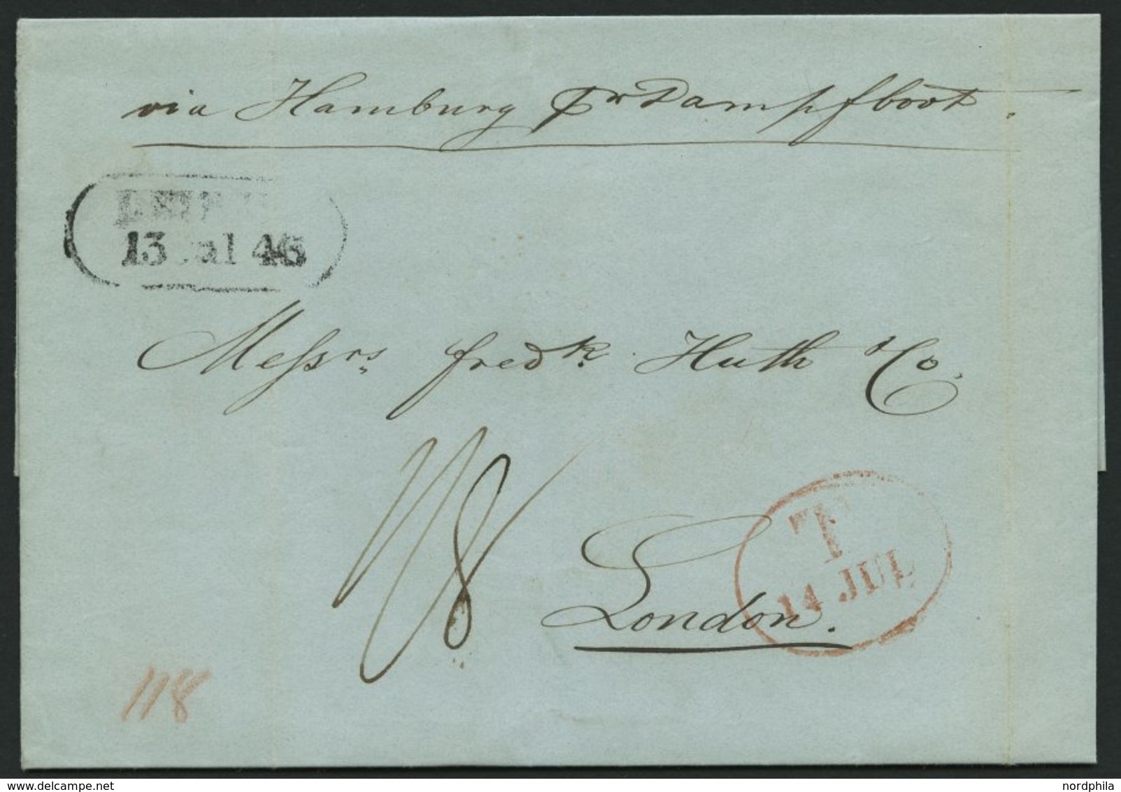 HAMBURG - GRENZÜBERGANGSSTEMPEL 1846, T 14 JUL, In Rot Auf Brief Von LEIPZIG (R2) Nach London, Handschriftlich Via Hambu - Prephilately