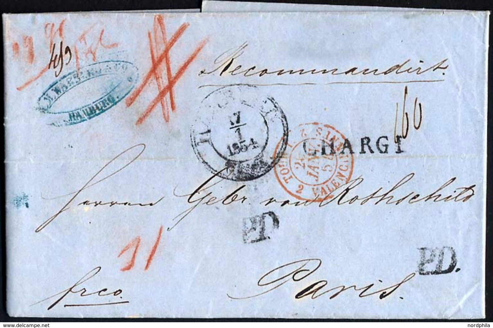 HAMBURG - GRENZÜBERGANGSSTEMPEL 1854, CHARGÉ, Schwarzer L1 Und 2x P.D. Auf Recommandirt-Brief Von Hamburg Th&T (K2) Nach - Préphilatélie