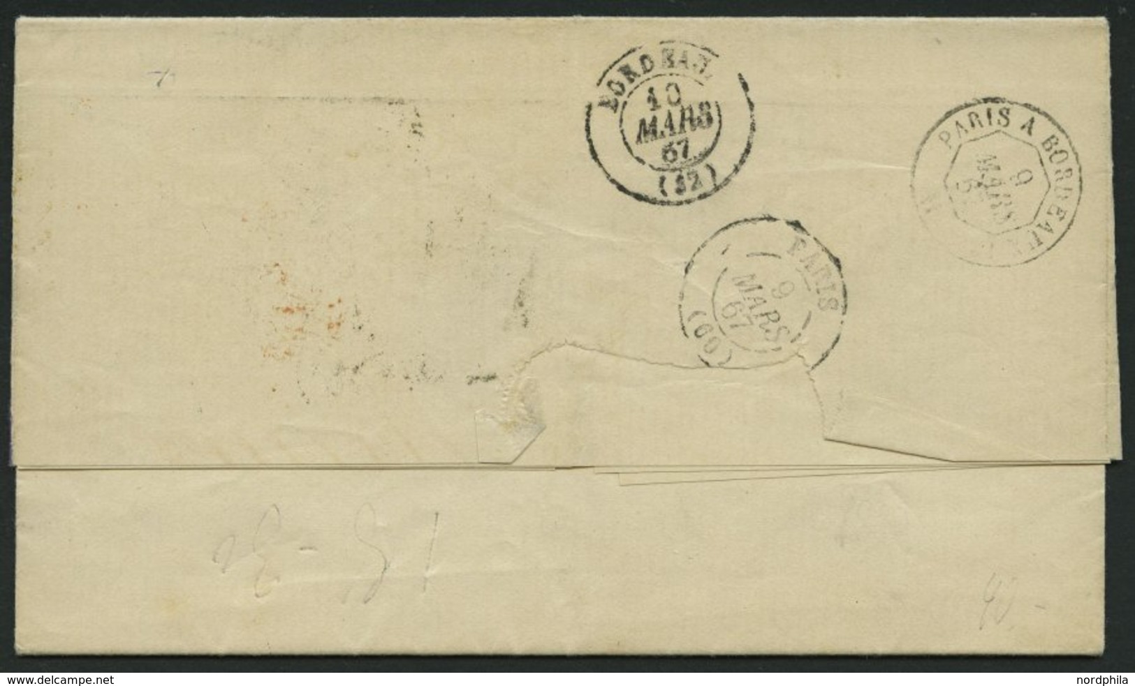 HAMBURG - GRENZÜBERGANGSSTEMPEL 1867, Tax-Stempel 6 Und HAMBURG TH. & T. Auf Brief Nach Bordeaux, Roter Tour-Stempel, Pr - Vorphilatelie