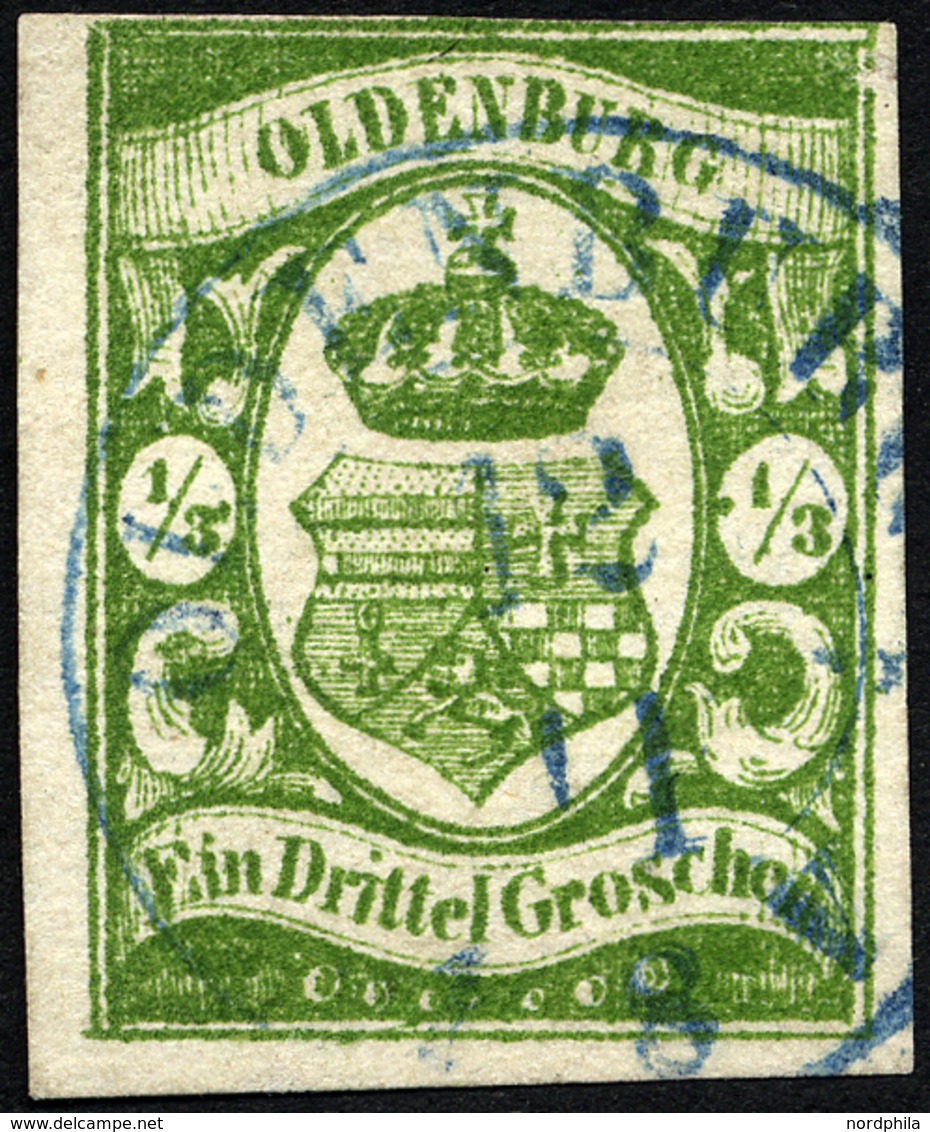 OLDENBURG 10b O, 1861, 1/3 Gr. Moosgrün, Fotoattest Brettl: Drei Seiten Breitrandig, Oben Rechts Berührt. Winzige Randsc - Oldenburg