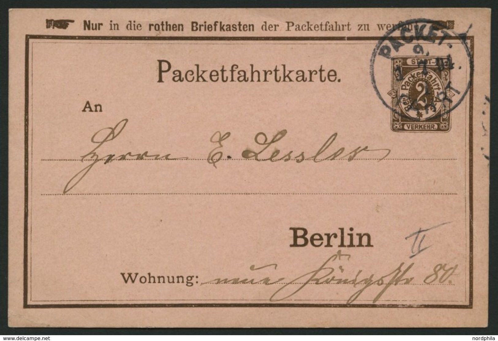 BERLIN B P BRIEF, PACKETFAHRT GESELLSCHAFT: 1894, 2 Pf. Braun Ganzsachen-Bedarfskarte, Karton Rosa, Pracht - Privatpost