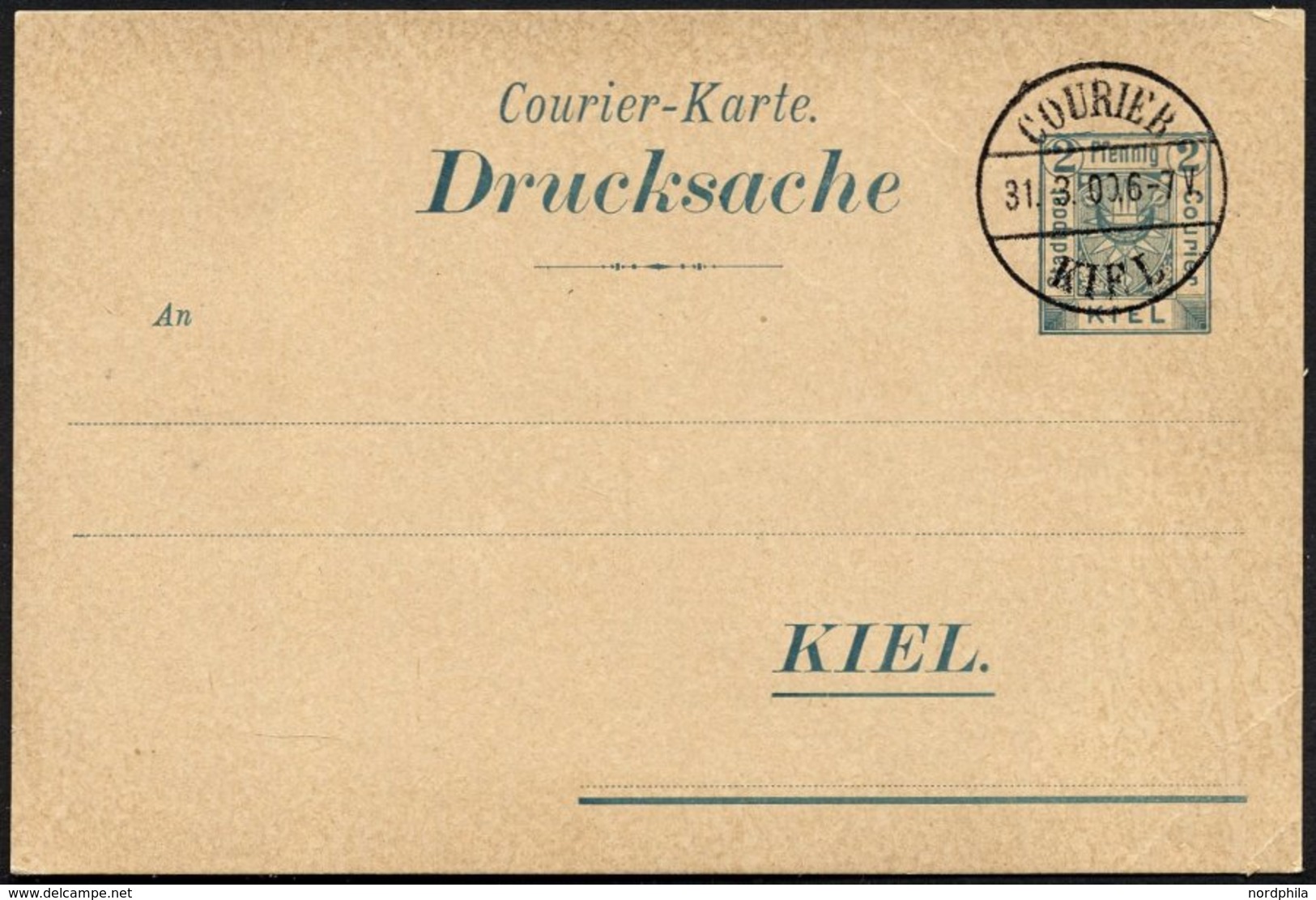 KIEL A P 26I BRIEF, COURIER: 1899, 2 Pf. Grün, Zierstrich Type I, Leer Gestempelt, Karte Feinst - Privatpost