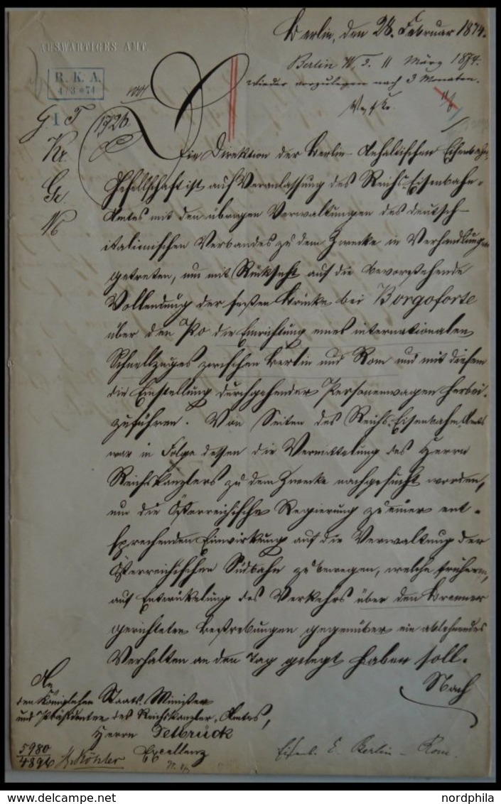 BAHNPOST 1874, Großformatiges, Eigenhändiges Dokument Von Staatssekretär Bernhard Von Bülow (Auswärtiges Amt) Zur Einric - Franking Machines (EMA)