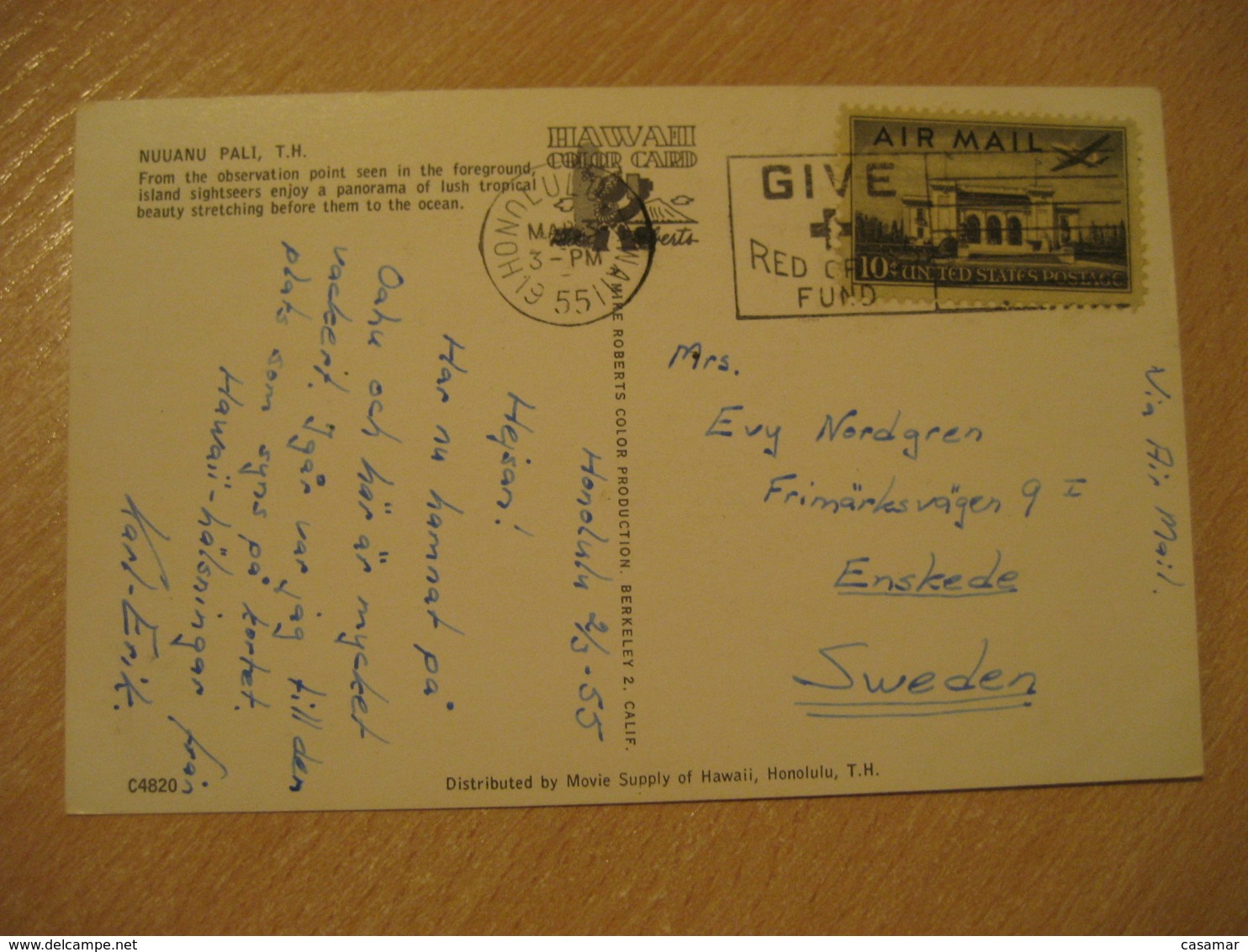 HONOLULU 1955 To Enskede Sweden Red Cross Cancel Air Mail USA Stamp On NUUANU PALI Post Card HAWAII - Hawaï