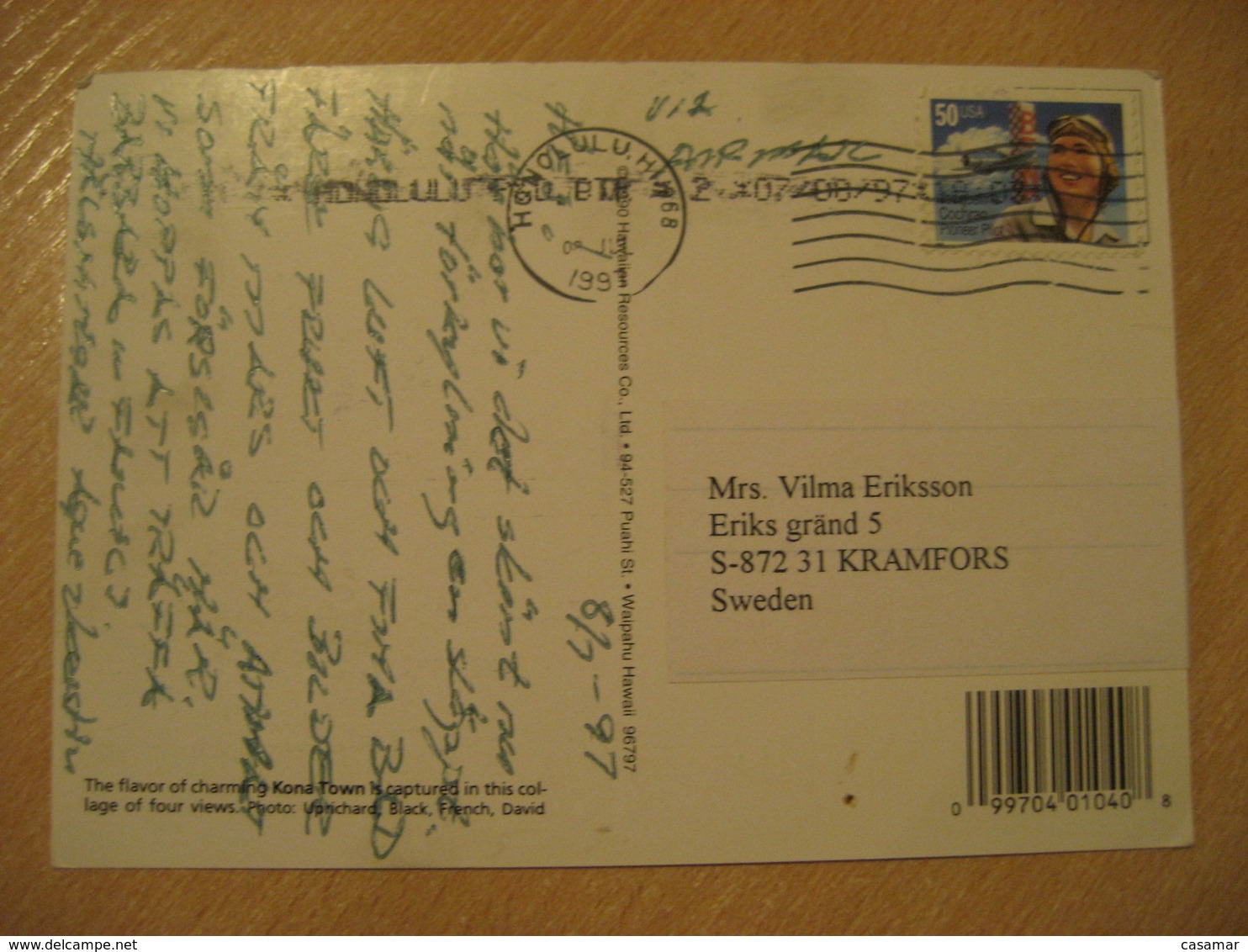 HONOLULU 1997 To Kramfors Sweden Stamp Cancel KONA TOWN Post Card HAWAII - Hawaï