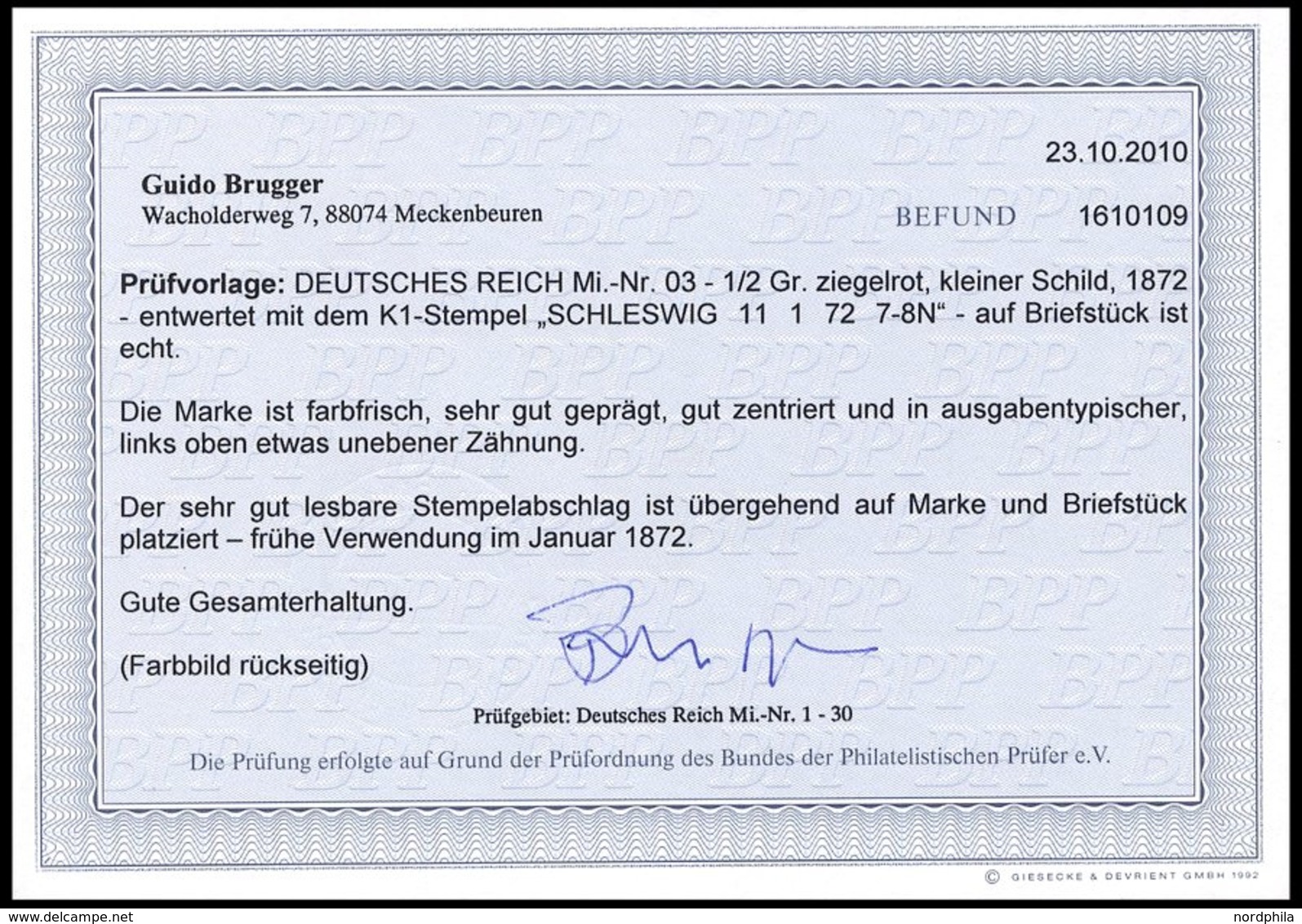 Dt. Reich 3 BrfStk, 1872, 1/2 Gr. Ziegelrot, K1 SCHLESWIG 11.1.72 (frühe Verwendung!), Normale Zähnung, Prachtbriefstück - Usati