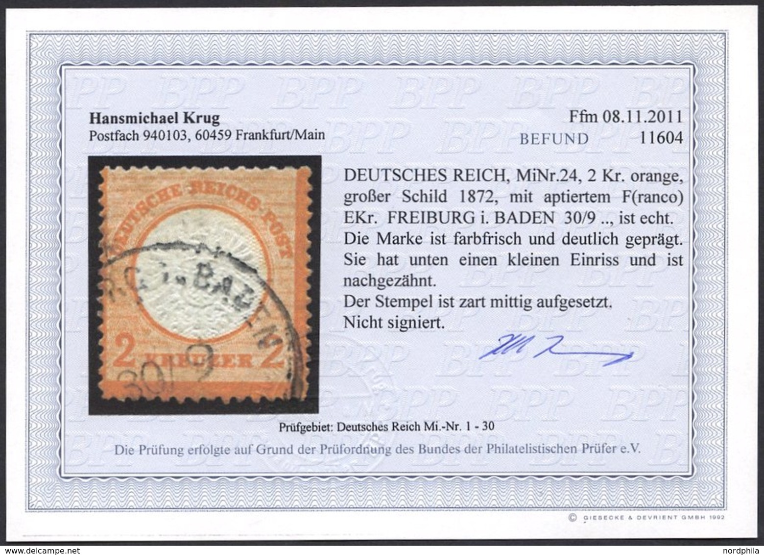 Dt. Reich 24 O, 1872, 2 Kr. Orange, K1 FREIBURG IN BADEN, Fotobefund Krug: Die Marke Ist Farbfrisch Und Deutlich Geprägt - Used Stamps